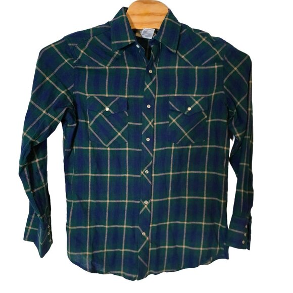 Wrangler Wrancher Pearl Snap Flannel Shirt Size M Green Blue‎ Plaid Long Sleeve - Picture 2 of 5